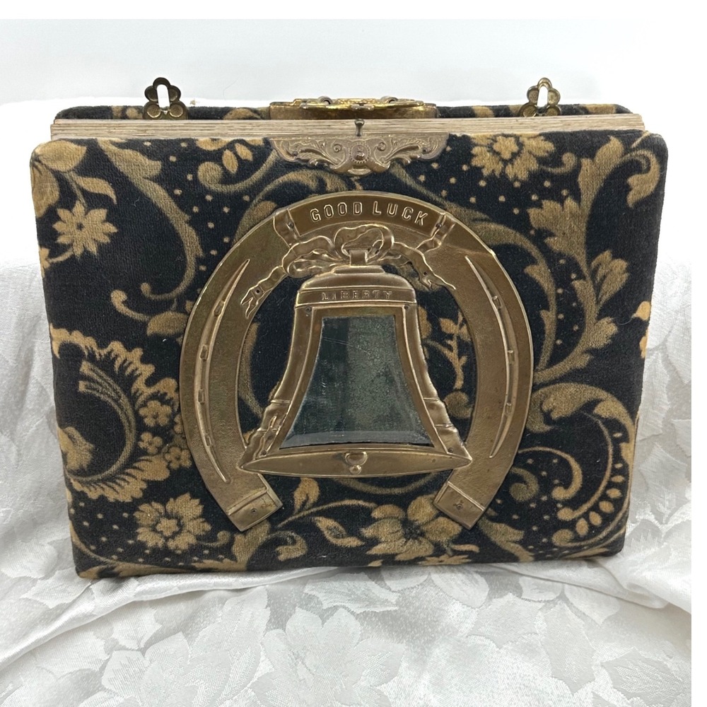 Antique Victorian Photo Album Luck Horseshoe Liberty Bell Velvet Damask Empty